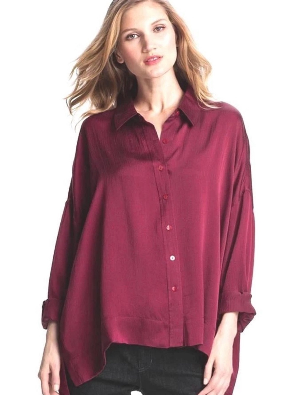 EILEEN FISHER Hammered Silk Satin DARK TULIP High-Low Shirt Classic Collar Sz 1X